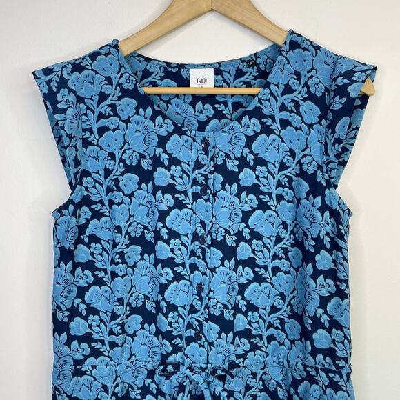 Cabi Java Blue Floral Tie Waist Cap Sleeve Button front Lightweight Dress 5265 S - Picture 4 of 16
